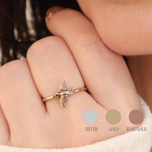Small Bird Ring, Stackable Ring, Sterling Silver, Gold, Rose Gold Finishes, Skinny Band Ring
