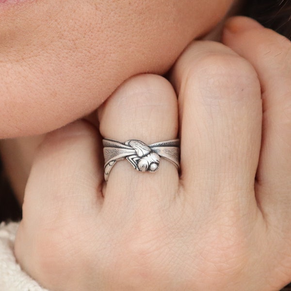 Dragonfly Ring, Adjustable, Sterling Silver Finish