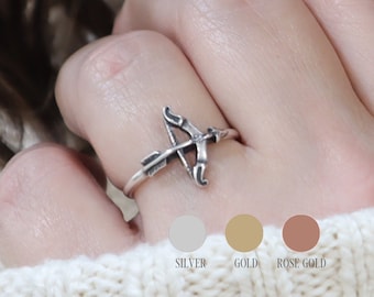 Bow and Arrow Ring, Cupid's Ring, Sterling Silver Finish, 24K Gold Finish, Rose Gold, Skinny Band Ring, Archery Jewelry, Sagittarius Ring