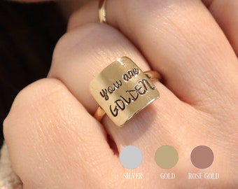 You Are Golden Quote Ring, Sterling Silver Finish, 24K Gold Finish, Inspirational Jewelry