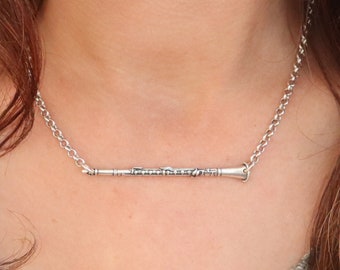 Clarinet Necklace, Sterling Silver Finish, Clarinet Jewelry, Sideways Clarinet Necklace