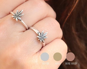 Mary Jane Ring, Small Cannabis Ring, Sterling Silver, 24K Gold, Rose Gold Finishes, Small Pot Leaf Ring, Pot Leaf Jewelry, Best Buds Gift