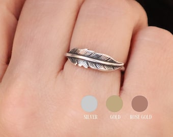 Small Feather Ring, Boho Feather Ring, Stackable Ring, Silver, Gold, Rose Gold Finishes,  Band Ring