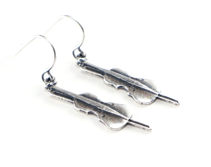 Little Cello Earrings, Sterling Silver Ox Finish, Small Cello Dangle