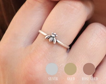 Tiny Bee Ring, Skinny Bee Stacking Ring, Sterling Silver, Gold, Rose Gold Finishes, Skinny Band Ring