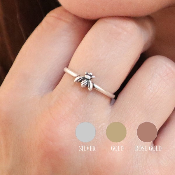 Tiny Bee Ring, Skinny Bee Stacking Ring, Sterling Silver, Gold, Rose Gold Finishes, Skinny Band Ring