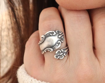 Spoon Ring, Bypass Ring, Adjustable, Sterling Silver Ox Finish