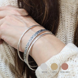 Paisley Bangle Stack, 3 Piece Bangle Set, Silver, Gold, Rose Gold Finishes, Bangle Bracelets, Gifts for Her