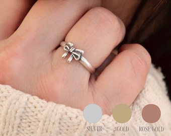 Little Bow Ring- Sterling Silver, Gold, Rose Gold Finishes, Stacking Ring, Midi Ring, Thumb Ring, Bow Jewelry