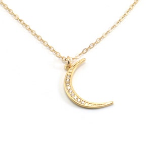 Gold Moon Necklace, Crescent Moon CZ Necklace, Lunar Necklace, Gold Filled Crescent Moon with Cubic Zirconia, Layering Necklace image 1