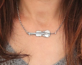 Violin Necklace, Sideways Violin Necklace, Sterling Silver Finish, Violin Gifts