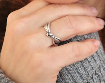 Dragonfly Ring, Adjustable, Small Dragonfly Ring, Sterling Silver Ox or Brass Finish