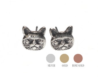 Small Cat Earrings, Stud Earrings, Surgical Steel Post Earrings with backs, Sterling Silver, Gold, Rose Gold Finishes