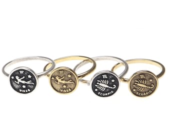 Small Zodiac Ring, Sterling Silver Finish, 24K Gold Finish, Zodiac Jewelry Series, Small Zodiac