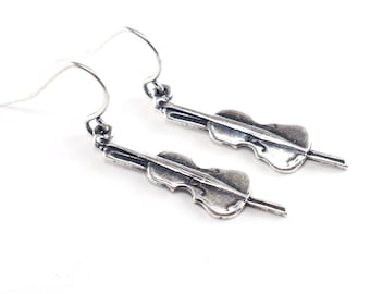 Little Violin Earrings, Viola Earrings, Sterling Silver Finish, Small Violin Dangle Earrings