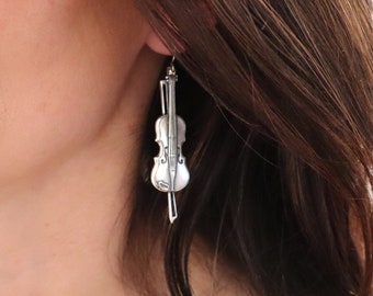 Large Violin Earrings, Sterling Silver Finish, Violin Dangle Earrings, Violin Jewelry