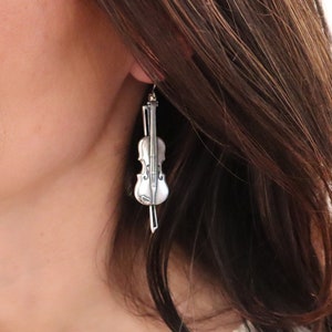 Large Violin Earrings, Sterling Silver Finish, Violin Dangle Earrings, Violin Jewelry image 1