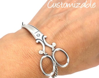 Large Scissor Bracelet, Scissor Jewelry, Sterling Silver Finish, Hairdresser Gifts, Custom Initial, Personalize