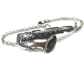 Saxophone Bracelet, Sterling Silver Finish or Antiqued Brass Finish