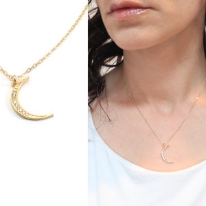 Gold Moon Necklace, Crescent Moon CZ Necklace, Lunar Necklace, Gold Filled Crescent Moon with Cubic Zirconia, Layering Necklace image 3