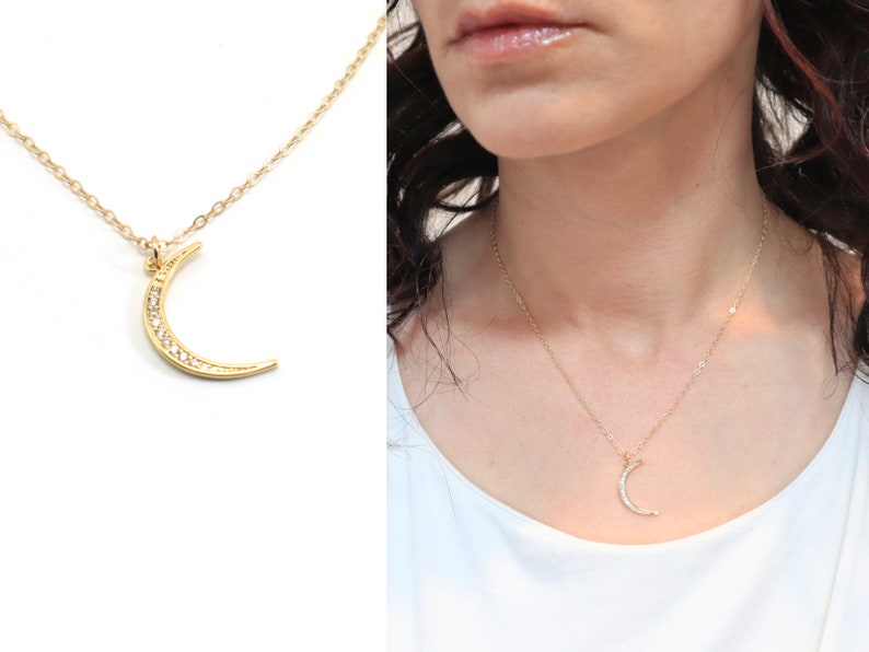 Gold Moon Necklace, Crescent Moon CZ Necklace, Lunar Necklace, Gold Filled Crescent Moon with Cubic Zirconia, Layering Necklace image 3
