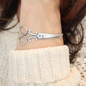 Large Scissor Bracelet, Scissor Jewelry, Sterling Silver Finish, Hairdresser Gifts, Custom Initial, Personalize image 5