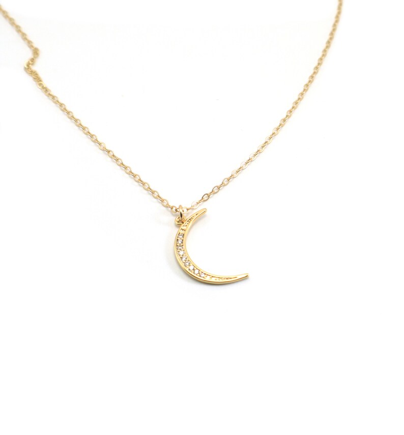 Gold Moon Necklace, Crescent Moon CZ Necklace, Lunar Necklace, Gold Filled Crescent Moon with Cubic Zirconia, Layering Necklace image 5