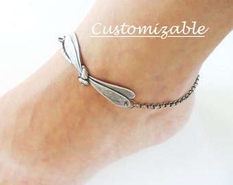 Dragonfly Anklet, Dragonfly Jewelry, Sterling Silver Ox or Antiqued Brass Ox Finish Personalized Jewelry