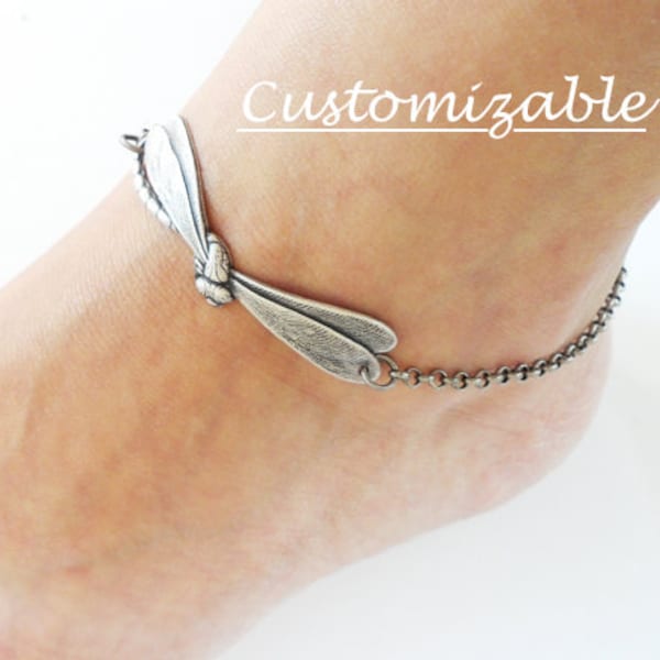 Dragonfly Anklet, Dragonfly Jewelry, Sterling Silver Ox or Antiqued Brass Ox Finish Personalized Jewelry