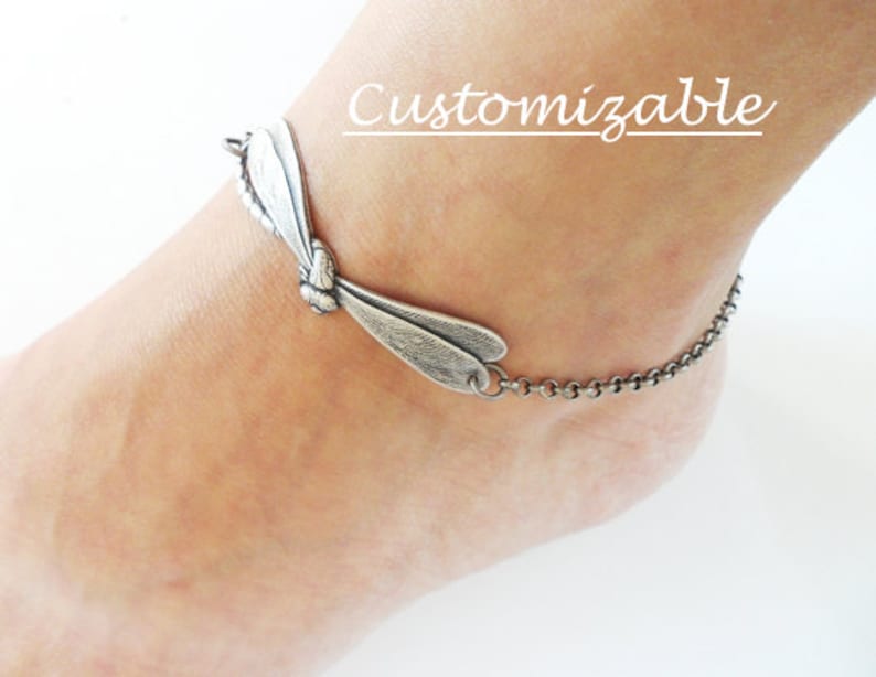 Dragonfly Anklet, Dragonfly Jewelry, Sterling Silver Ox or Antiqued Brass Ox Finish Personalized Jewelry 