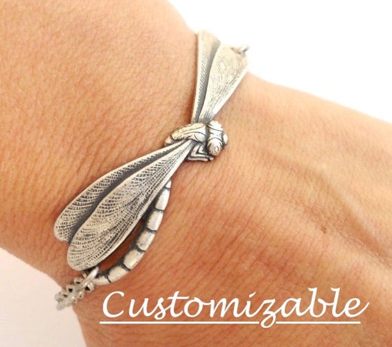 Dragonfly Bracelet, Silver Ox or Brass Finish, Can Be Customized, Add On Initials & Birthstones 