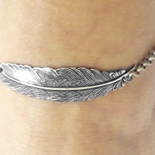 Feather Anklet, Sterling Silver Finish and Antiqued Brass Finish- Ankle Bracelet- Medium Feather