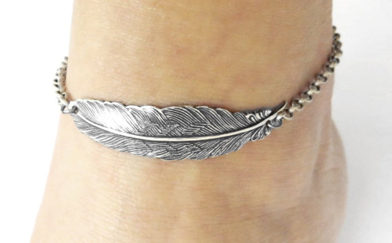 Feather Anklet, Sterling Silver Finish and Antiqued Brass Finish Ankle Bracelet Medium Feather image 1