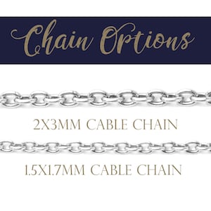 May include: Two silver cable chains, one 2x3mm and one 1.5x1.7mm, shown against a dark blue background with the text "Chain Options" in gold.