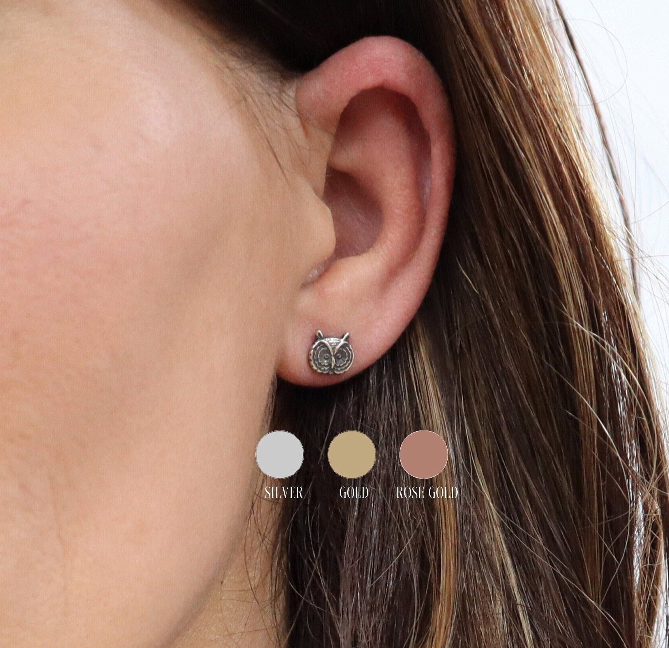 Small Owl Earrings, Stud Earrings, Surgical Steel Post Earrings with backs, Sterling Silver and Gold