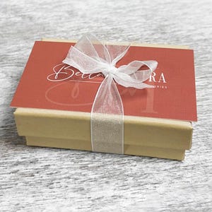 May include: A small, brown gift box with a red lid. The lid has a white ribbon tied in a bow and the text "Bella & Co. Stories" printed on it.