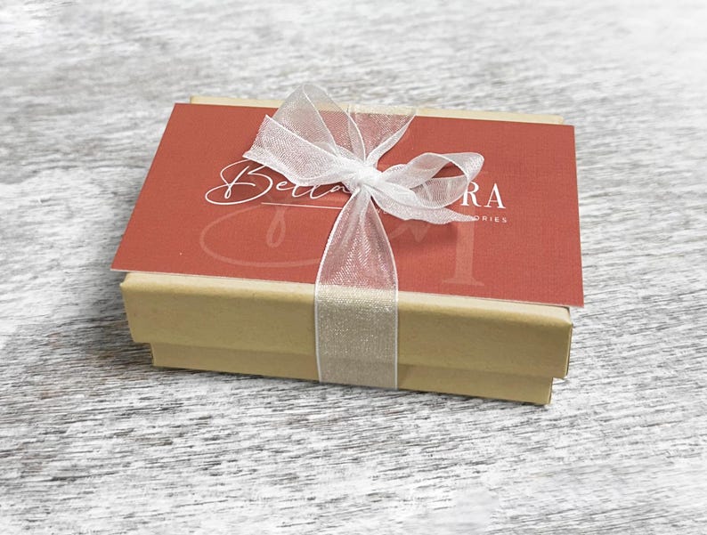 May include: A small, brown gift box with a red lid. The lid has a white ribbon tied in a bow and the text "Bella & Co. Stories" printed on it.