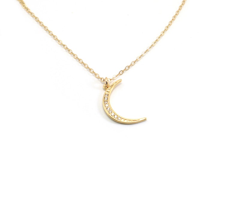 Gold Moon Necklace, Crescent Moon CZ Necklace, Lunar Necklace, Gold Filled Crescent Moon with Cubic Zirconia, Layering Necklace image 1