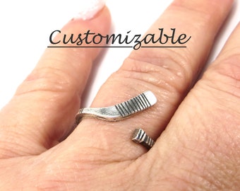 Hockey Ring, Ice Hockey Ring, Girls Hockey Jewelry, Sterling Silver Finish and Brass Finish, Adjustable, Hockey Stick Ring- Customizable