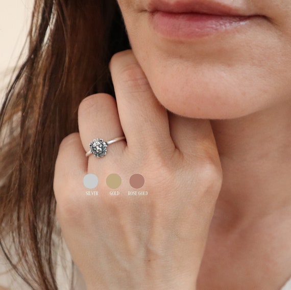 Small Lion Ring, Minimalist Leo Stacking Ring in Sterling Silver, Gold and Rose Gold finishes, Unique Detroit Lions gifts
