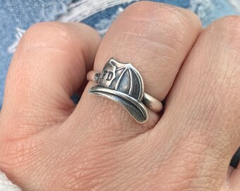 Firefighter Ring, Fireman Helmet Ring, Statement Ring, Firefighter jewelry, Sterling Silver, Gold, Rose Gold Finishes, FD