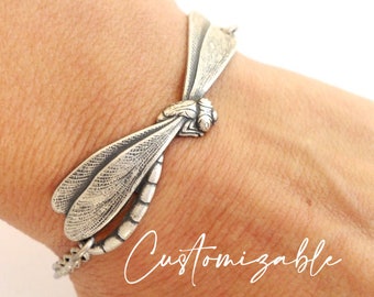 Dragonfly Bracelet, Silver Silver Finish, Can Be Customized, Add On Initials & Birthstones