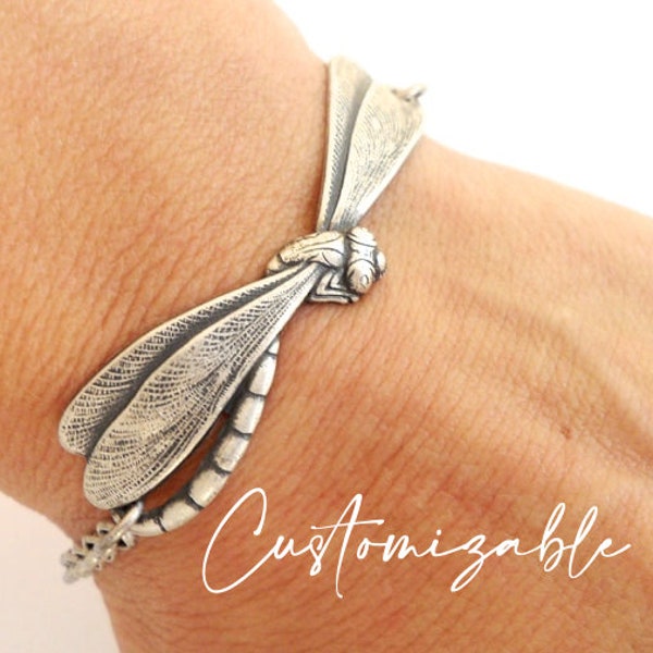 Dragonfly Bracelet, Silver Silver Finish, Can Be Customized, Add On Initials & Birthstones, Gifts for Mom, Mother’s Day Gift