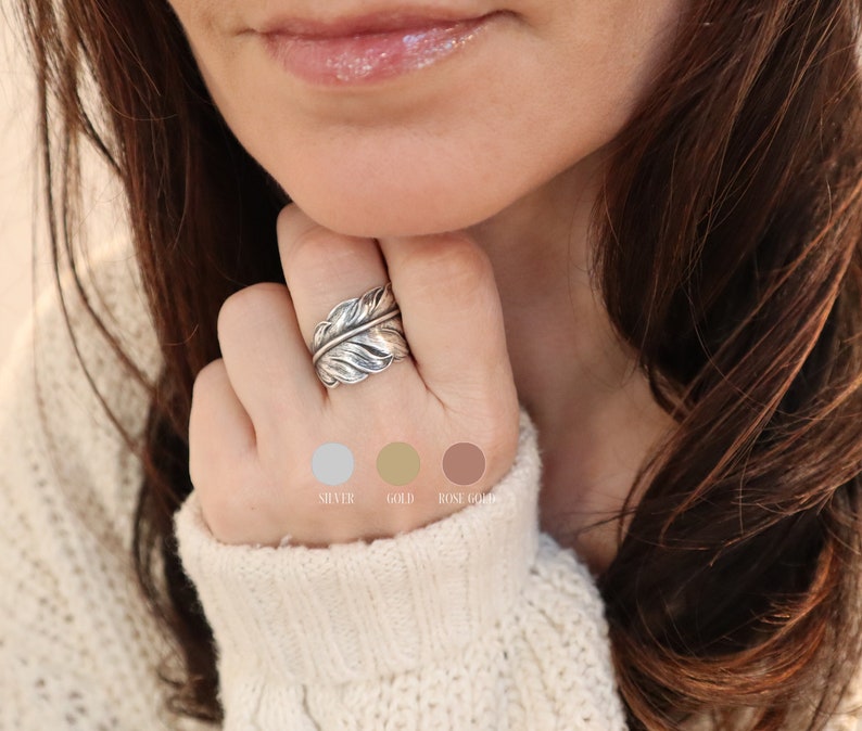 Angel Feather Ring, Sterling Silver Finish, Gold Finish, Rose Gold Finish, Adjustable Feather Ring, Feather Jewelry, Gifts For Her image 1