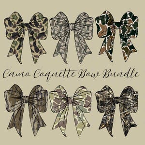 May include: An illustration of six camo bows in various patterns, including green, brown, and tan. The bows are arranged in two rows of three, with the text "Camo Coquette Bow Bundle" below them.