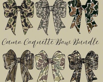 May include: An illustration of six camo bows in various patterns, including green, brown, and tan. The bows are arranged in two rows of three, with the text "Camo Coquette Bow Bundle" below them.