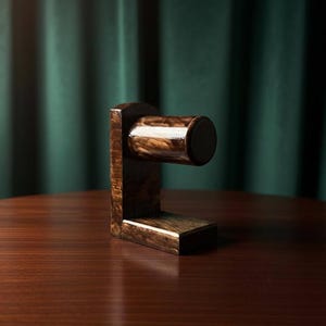 Peut inclure: Un présentoir à montre en bois, de couleur marron foncé. Il se compose d'une base rectangulaire et d'un bras cylindrique pour maintenir la montre. Le veinage du bois est visible, lui donnant un aspect rustique.