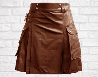 Kilt utilitário masculino de couro marrom com bolsos cargo