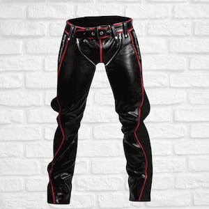 Men’s Black Real Leather Pants with Red Piping