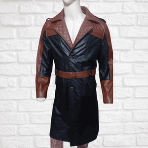 Black and Brown Leather Trench Coat for Men